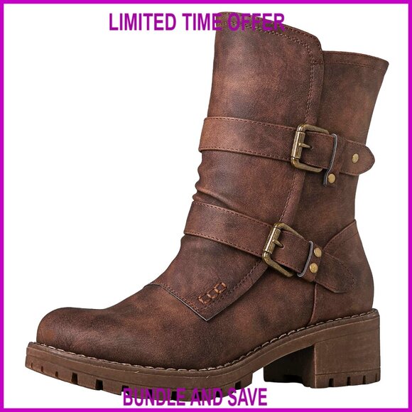 Mid Calf Combat Boots Lace Up Side Zipper Vegan Leather Motorcycle Riding